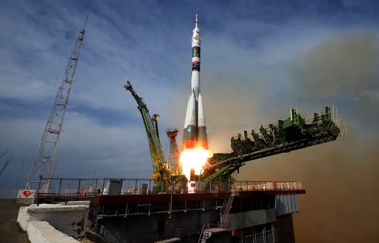 Launch of Soyuz MS-09 manned spacecraft with members of extended ISS Expedition 56/57