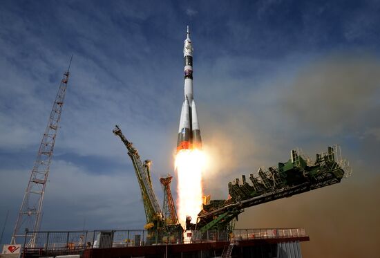 Launch of Soyuz MS-09 manned spacecraft with members of extended ISS Expedition 56/57
