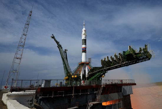 Launch of Soyuz MS-09 manned spacecraft with members of extended ISS Expedition 56/57