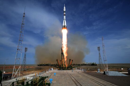 Launch of Soyuz MS-09 manned spacecraft with members of extended ISS Expedition 56/57