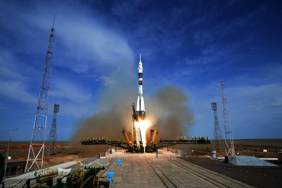 Launch of Soyuz MS-09 manned spacecraft with members of extended ISS Expedition 56/57