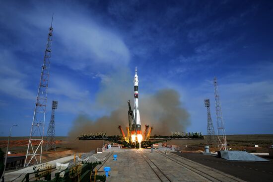 Launch of Soyuz MS-09 manned spacecraft with members of extended ISS Expedition 56/57