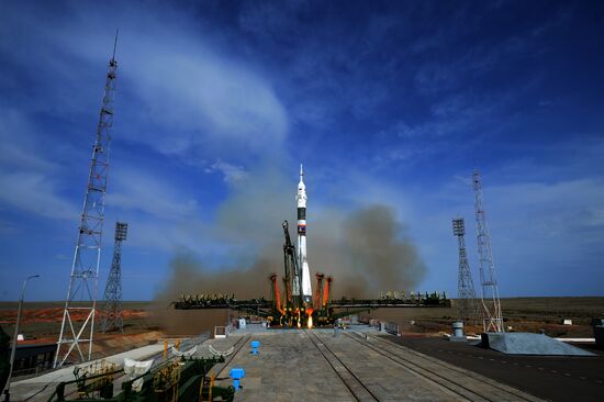 Launch of Soyuz MS-09 manned spacecraft with members of extended ISS Expedition 56/57