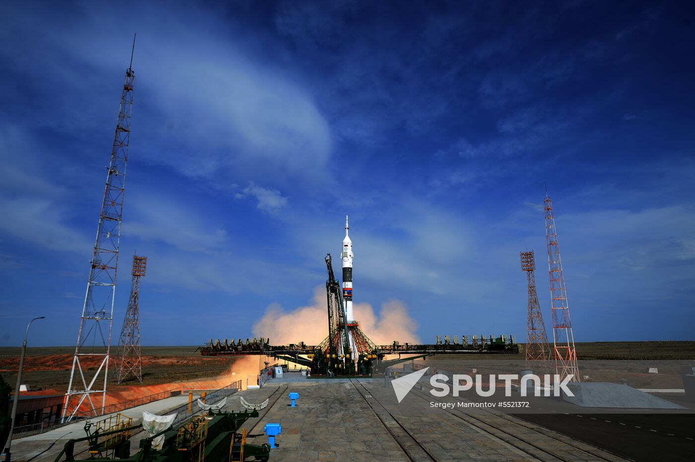 Launch of Soyuz MS-09 manned spacecraft with members of extended ISS Expedition 56/57