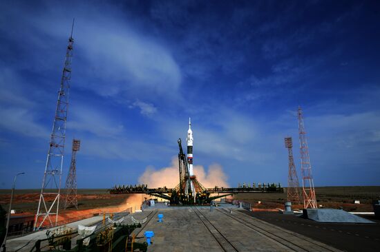 Launch of Soyuz MS-09 manned spacecraft with members of extended ISS Expedition 56/57