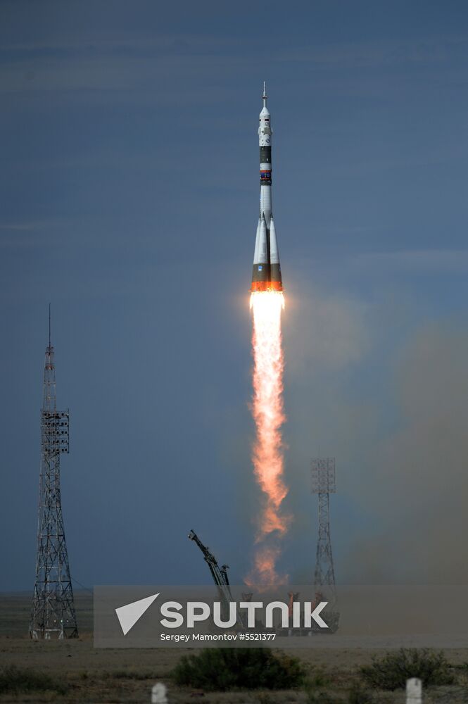 Launch of Soyuz MS-09 manned spacecraft with members of extended ISS Expedition 56/57