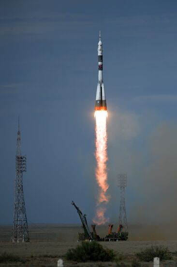 Launch of Soyuz MS-09 manned spacecraft with members of extended ISS Expedition 56/57