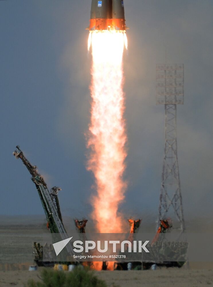 Launch of Soyuz MS-09 manned spacecraft with members of extended ISS Expedition 56/57