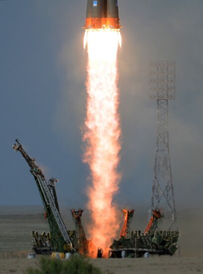 Launch of Soyuz MS-09 manned spacecraft with members of extended ISS Expedition 56/57