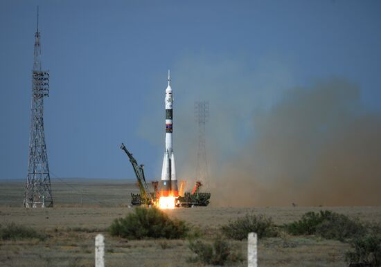 Launch of Soyuz MS-09 manned spacecraft with members of extended ISS Expedition 56/57