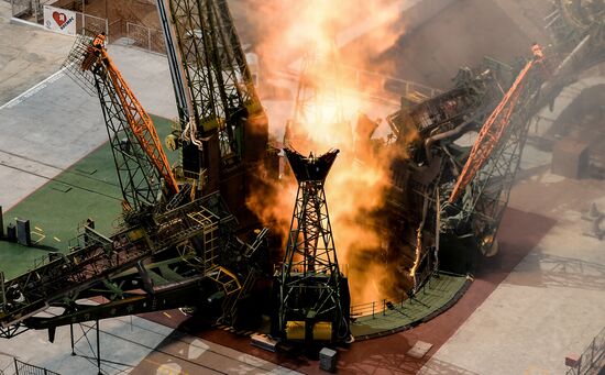 Launch of Soyuz MS-09 manned spacecraft with members of extended ISS Expedition 56/57