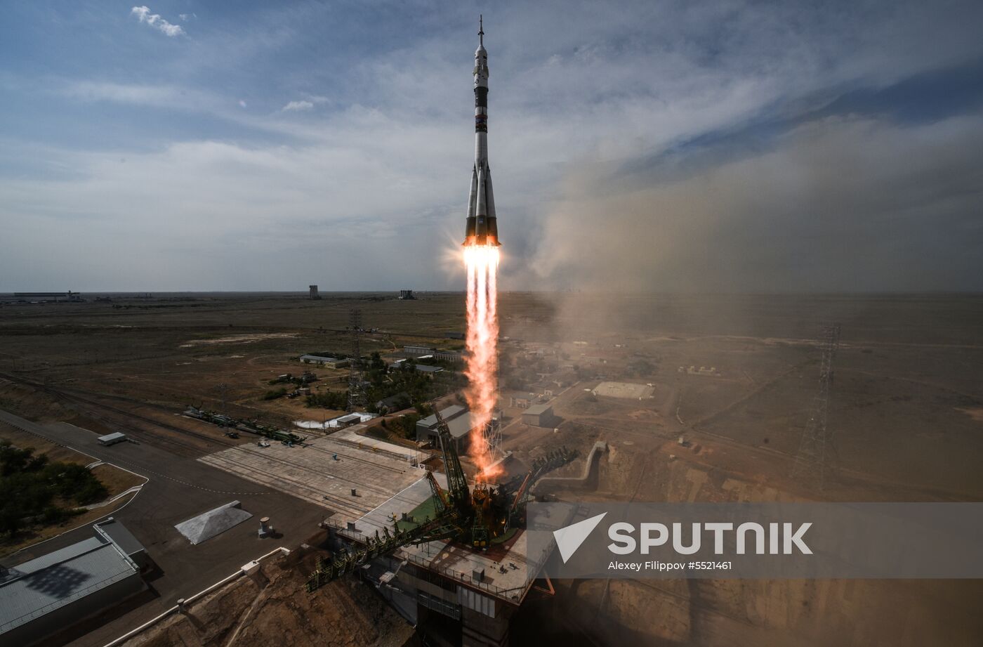 Launch of Soyuz MS-09 manned spacecraft with members of extended ISS Expedition 56/57