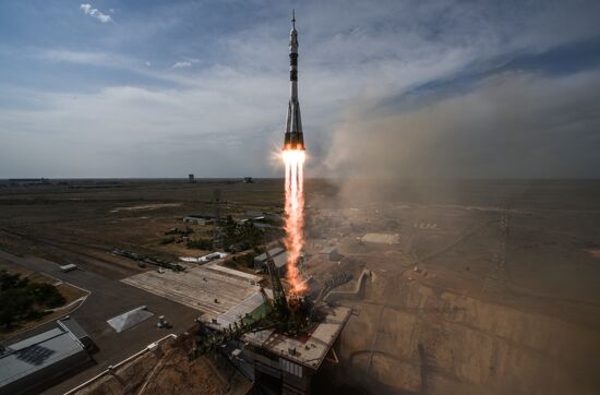 Launch of Soyuz MS-09 manned spacecraft with members of extended ISS Expedition 56/57