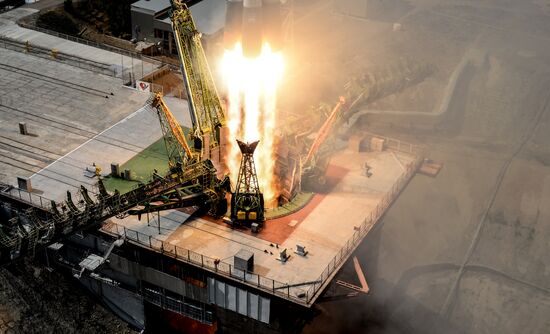 Launch of Soyuz MS-09 manned spacecraft with members of extended ISS Expedition 56/57