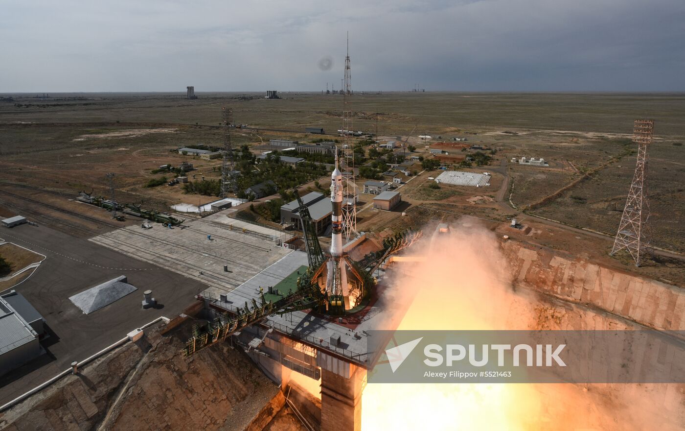 Launch of Soyuz MS-09 manned spacecraft with members of extended ISS Expedition 56/57