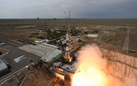 Launch of Soyuz MS-09 manned spacecraft with members of extended ISS Expedition 56/57