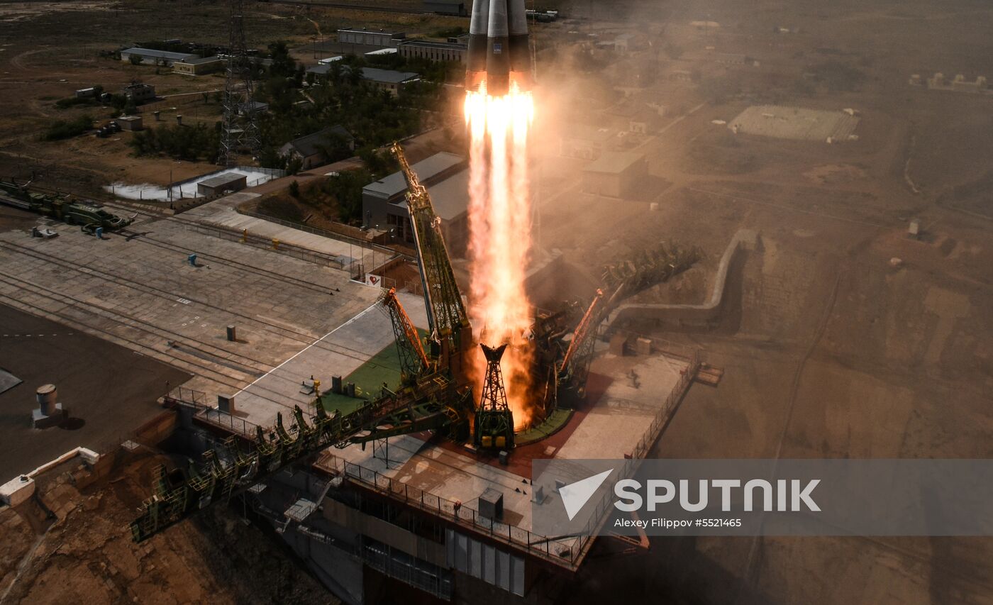 Launch of Soyuz MS-09 manned spacecraft with members of extended ISS Expedition 56/57
