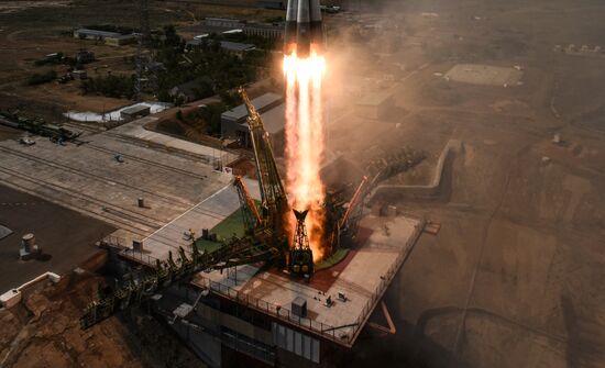 Launch of Soyuz MS-09 manned spacecraft with members of extended ISS Expedition 56/57
