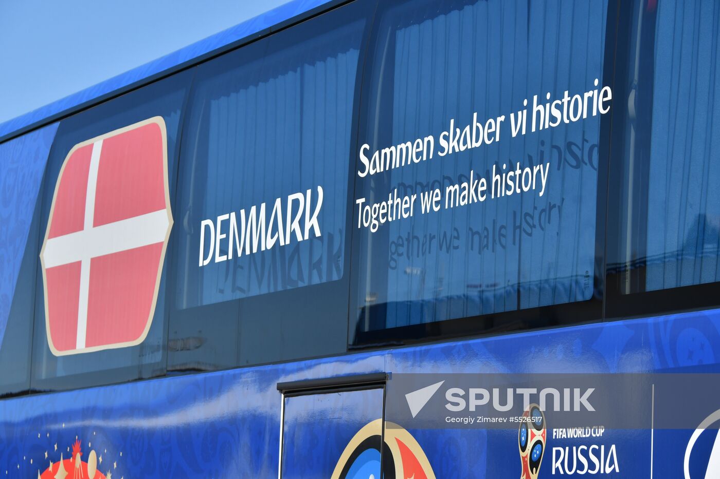A slogan of Denmark's national soccer team is written on a bus upon team's arrival at an airport ahead of the World Cup in Anapa, Russia, June 11, 2018. The World Cup will start on June 14 and take place in 11 cities across Russia. Location: Russia, Anapa. Author: Georgiy Zimarev/Sputnik. Russia World Cup Denmark Arrival