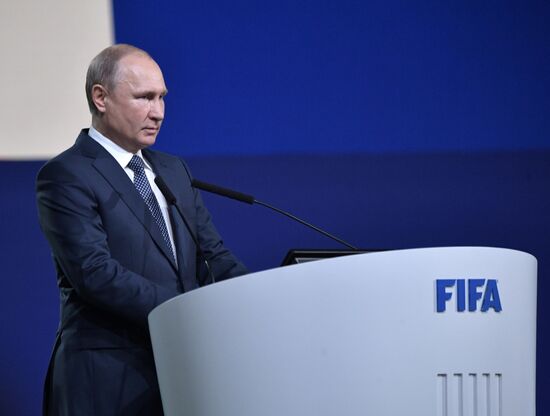 President Vladimir Putin attends 68th FIFA Congress