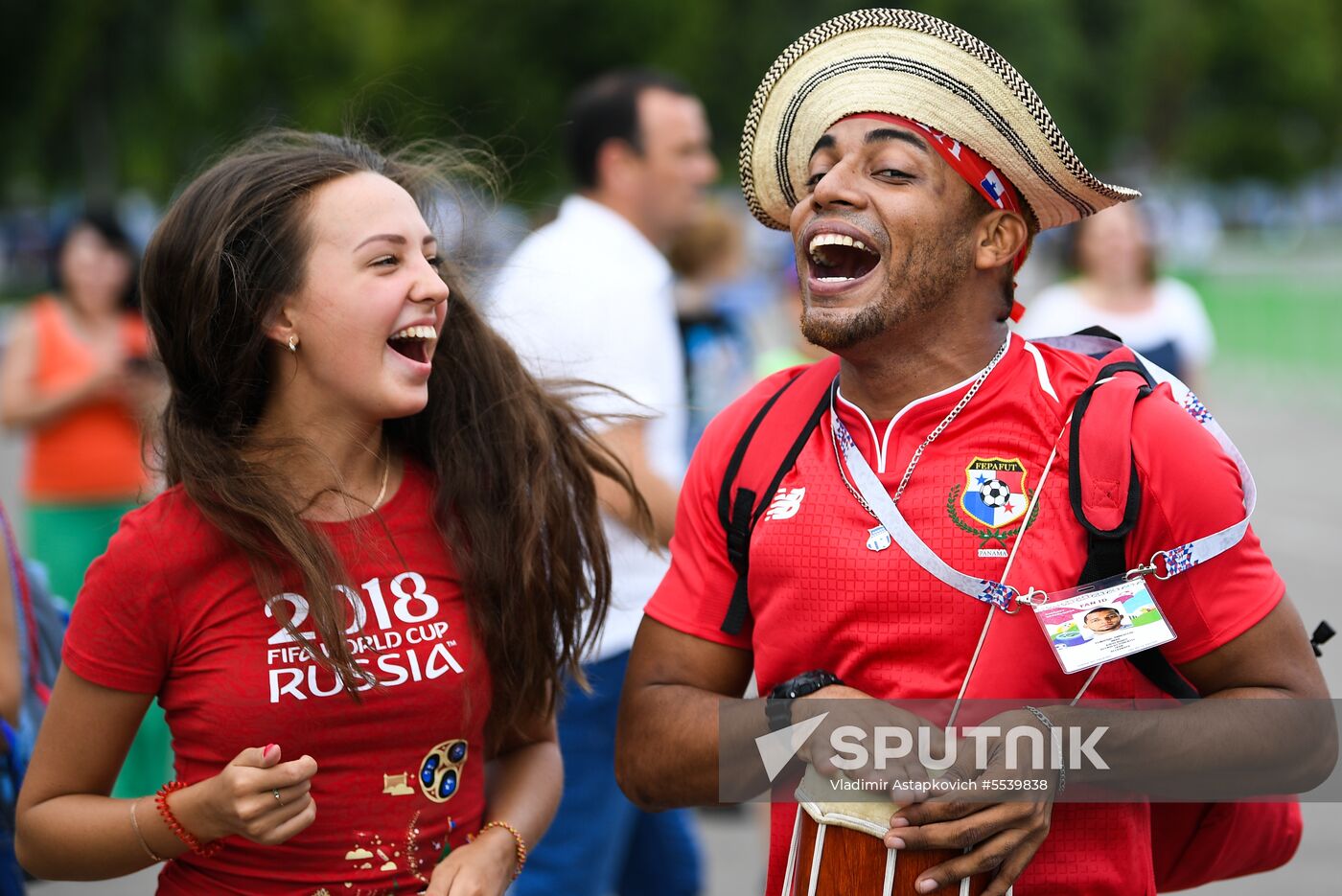 Soccer fans cheer waiting for the start of the World Cup Group G soccer match between Belgium and Panama in Sochi, Russia, June 18, 2018.
Location: Russia, Sochi. Author: Vladimir Astapkovich/Sputnik. Russia World Cup Belgium - Panama