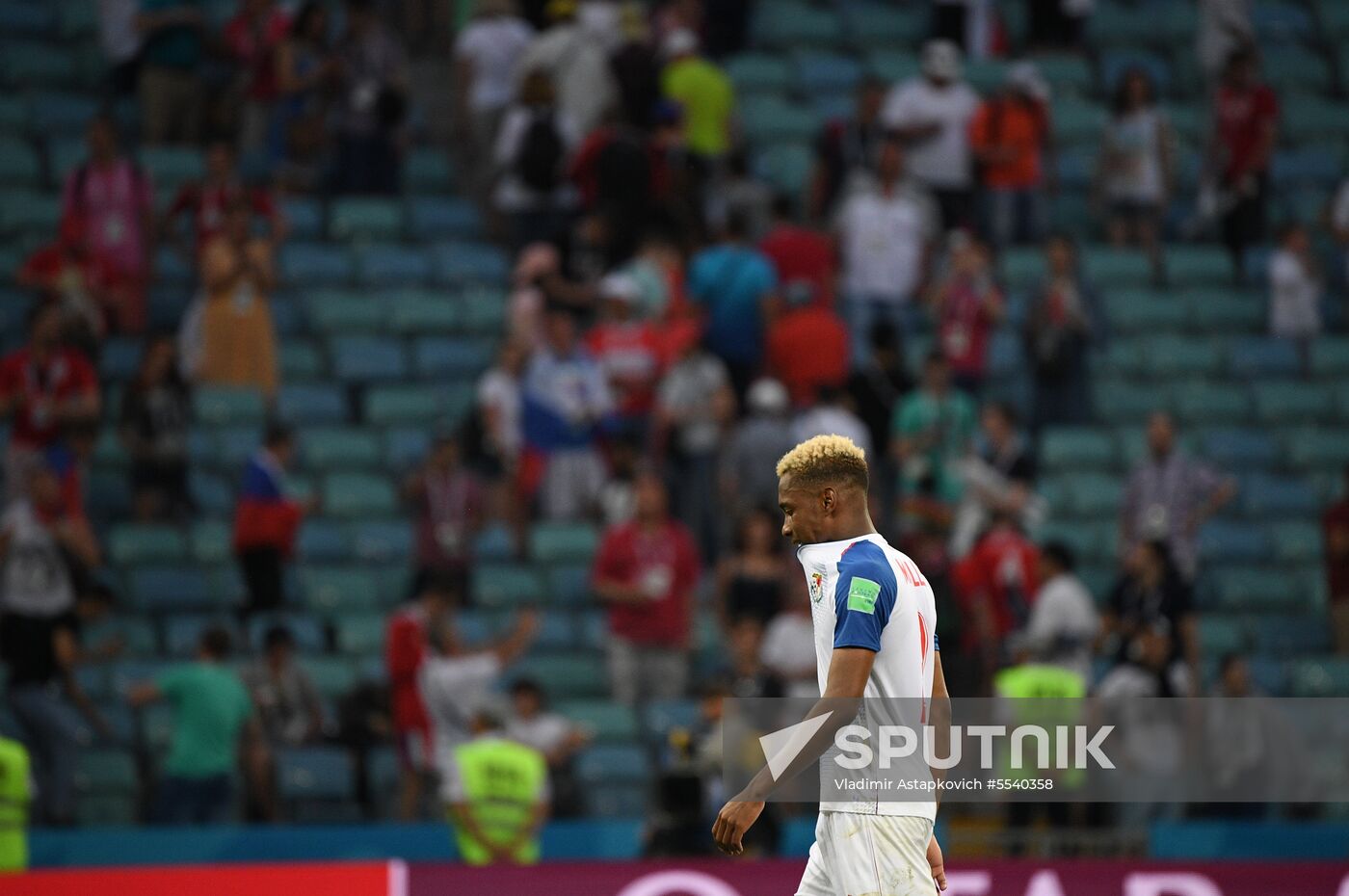 Panama's Michael Amir Murillo leaves a pitch after the World Cup Group G soccer match between Belgium and Panama in Sochi, Russia, June 18, 2018.
Location: Russia, Sochi. Author: Vladimir Astapkovich/Sputnik. Russia World Cup Belgium - Panama