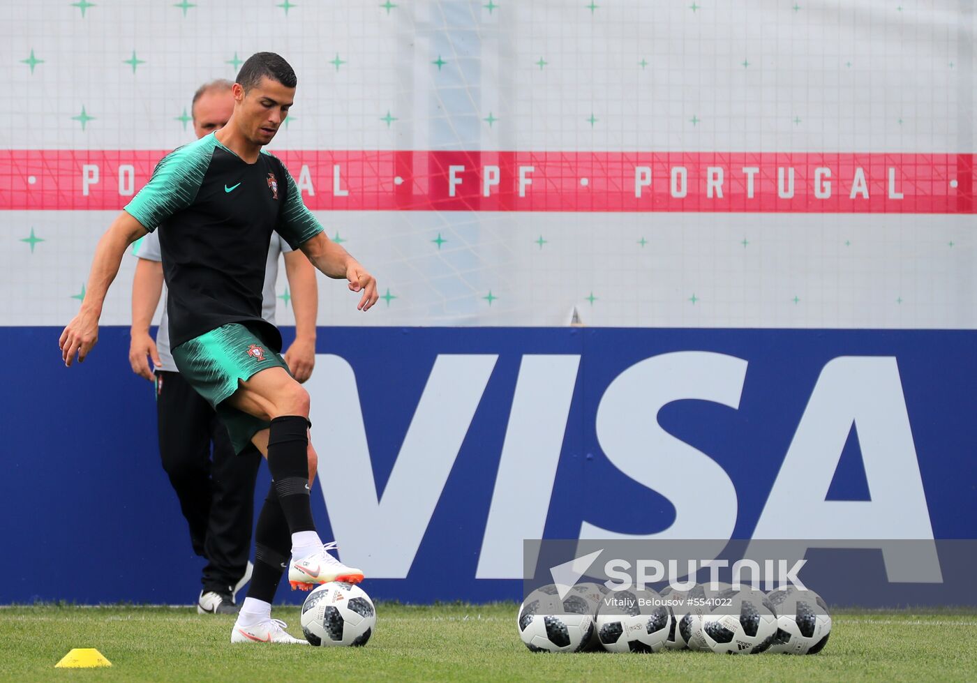 Portugal's Cristiano Ronaldo, plays with a ball during the national soccer team training session at the World Cup 2018, in Kratovo, Russia, June 19, 2018. The World Cup take place in 11 cities across Russia. Location: Russia, Kratovo. Author: Vitaliy Belousov/Sputnik. Russia World Cup Portugal Training