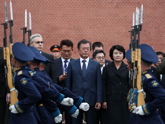 President of South Korea Moon Jae-in lays flowers at Tomb of the Unknown Soldier
