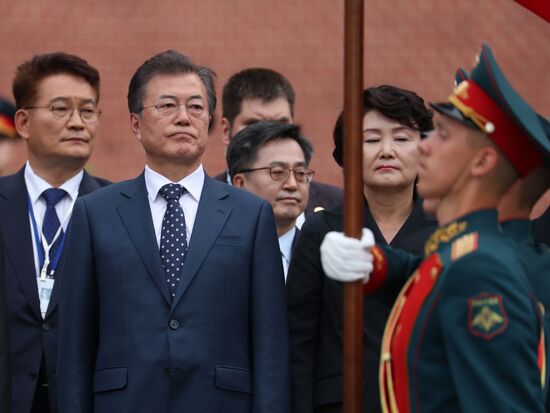 President of South Korea Moon Jae-in lays flowers at Tomb of the Unknown Soldier