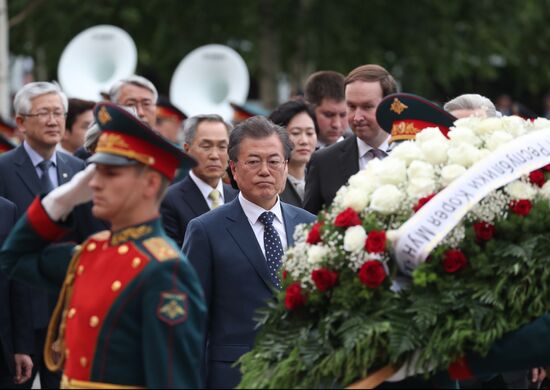 President of South Korea Moon Jae-in lays flowers at Tomb of the Unknown Soldier