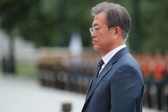 President of South Korea Moon Jae-in lays flowers at Tomb of the Unknown Soldier