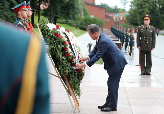 President of South Korea Moon Jae-in lays flowers at Tomb of the Unknown Soldier