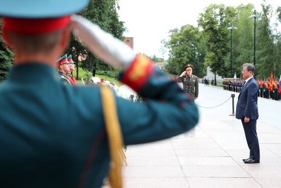 President of South Korea Moon Jae-in lays flowers at Tomb of the Unknown Soldier