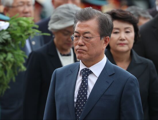 President of South Korea Moon Jae-in lays flowers at Tomb of the Unknown Soldier