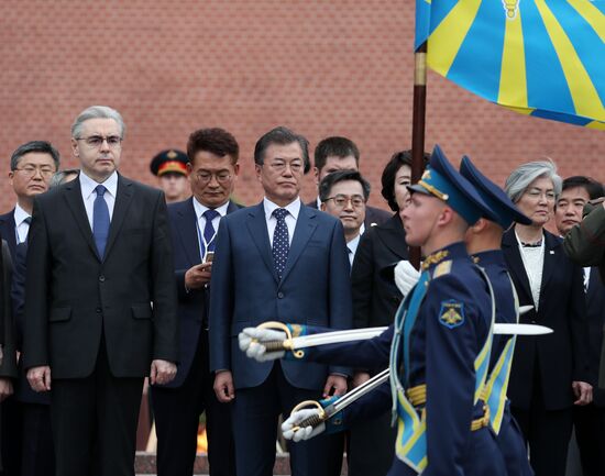 President of South Korea Moon Jae-in lays flowers at Tomb of the Unknown Soldier