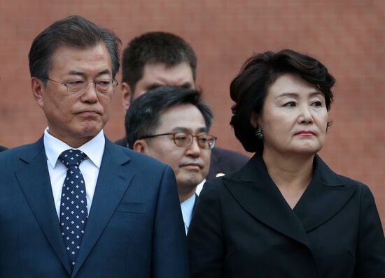 President of South Korea Moon Jae-in lays flowers at Tomb of the Unknown Soldier