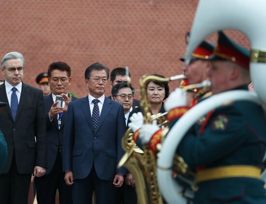 President of South Korea Moon Jae-in lays flowers at Tomb of the Unknown Soldier