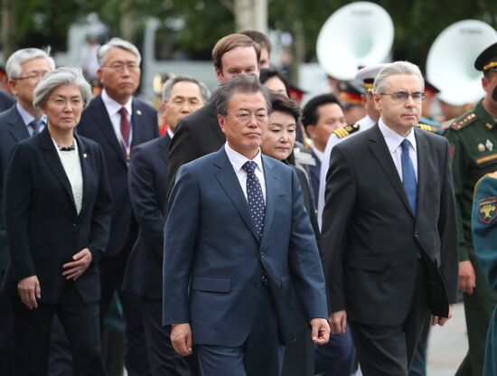President of South Korea Moon Jae-in lays flowers at Tomb of the Unknown Soldier