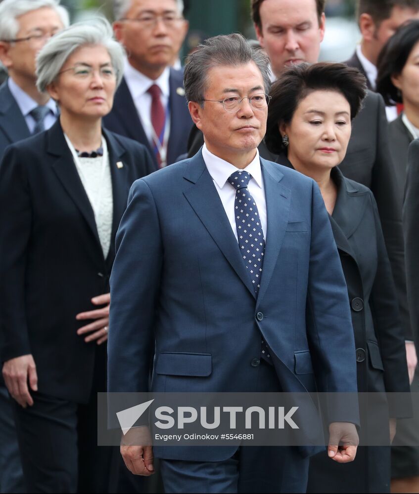 President of South Korea Moon Jae-in lays flowers at Tomb of the Unknown Soldier