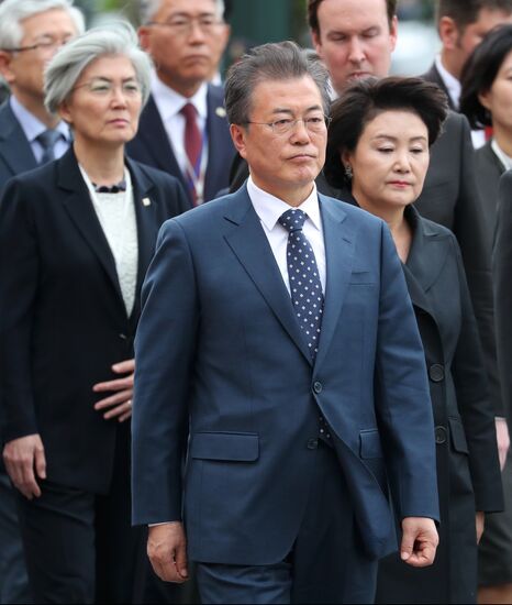 President of South Korea Moon Jae-in lays flowers at Tomb of the Unknown Soldier