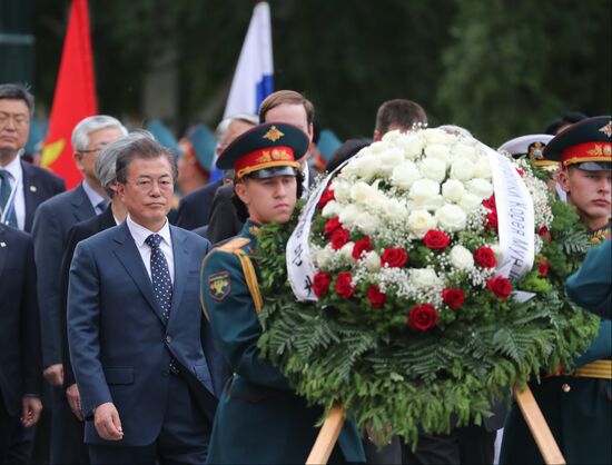 President of South Korea Moon Jae-in lays flowers at Tomb of the Unknown Soldier