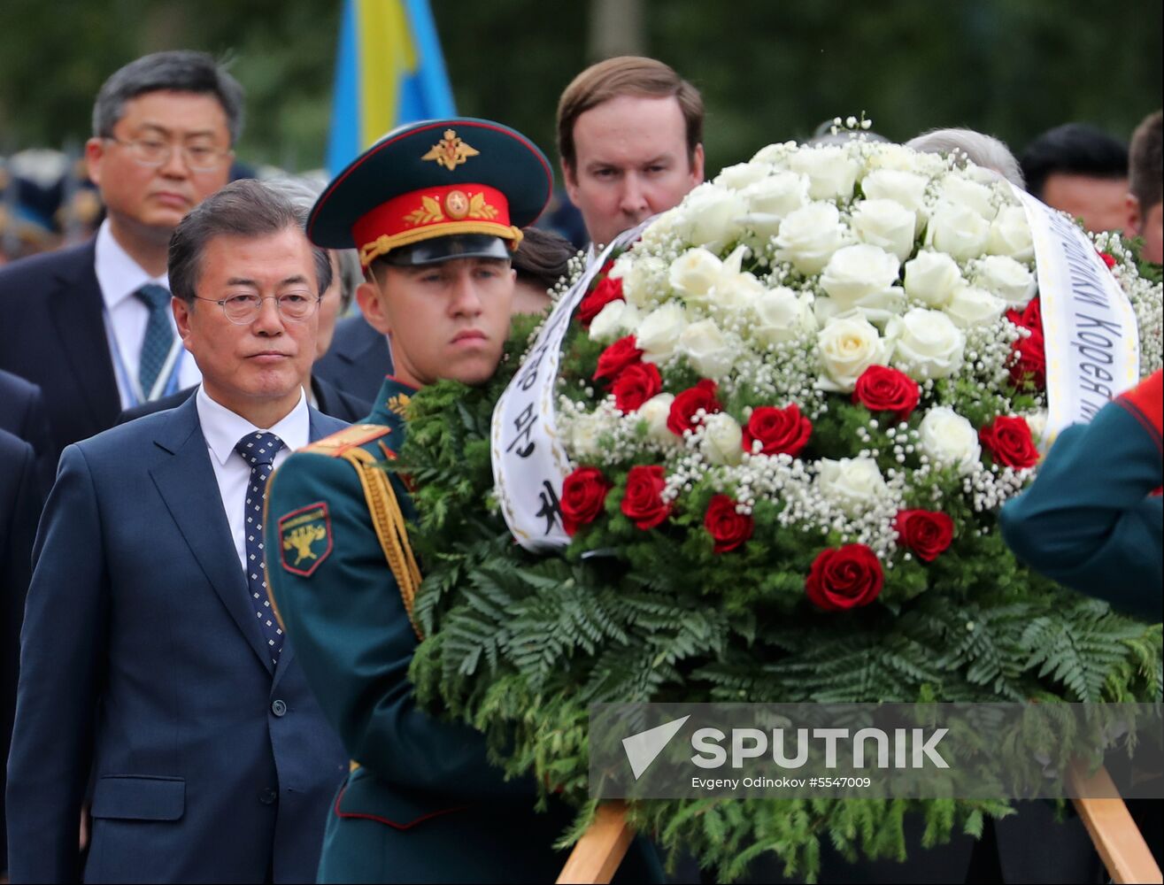 President of South Korea Moon Jae-in lays flowers at Tomb of the Unknown Soldier