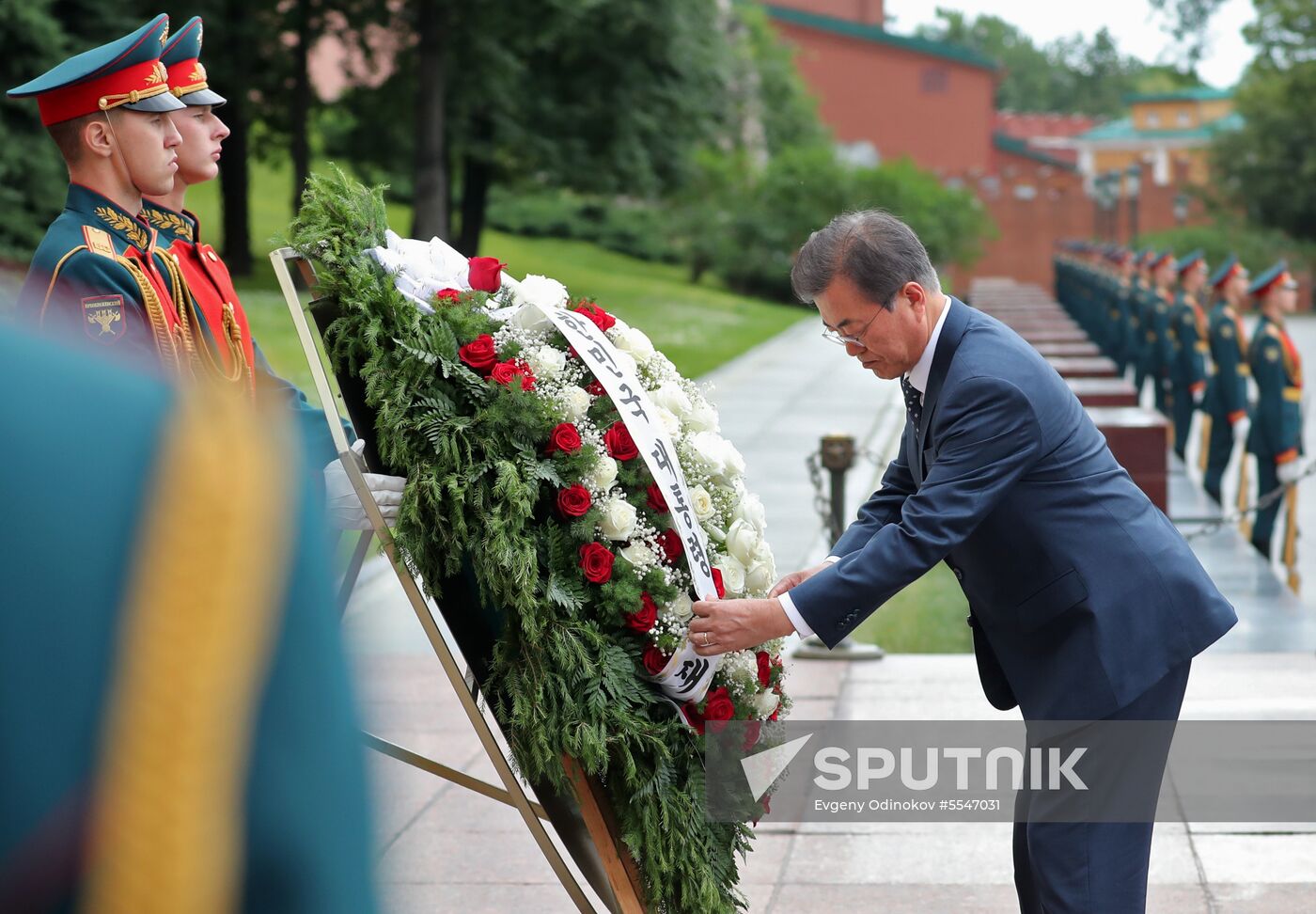 President of South Korea Moon Jae-in lays flowers at Tomb of the Unknown Soldier