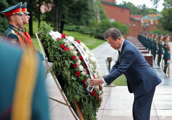 President of South Korea Moon Jae-in lays flowers at Tomb of the Unknown Soldier