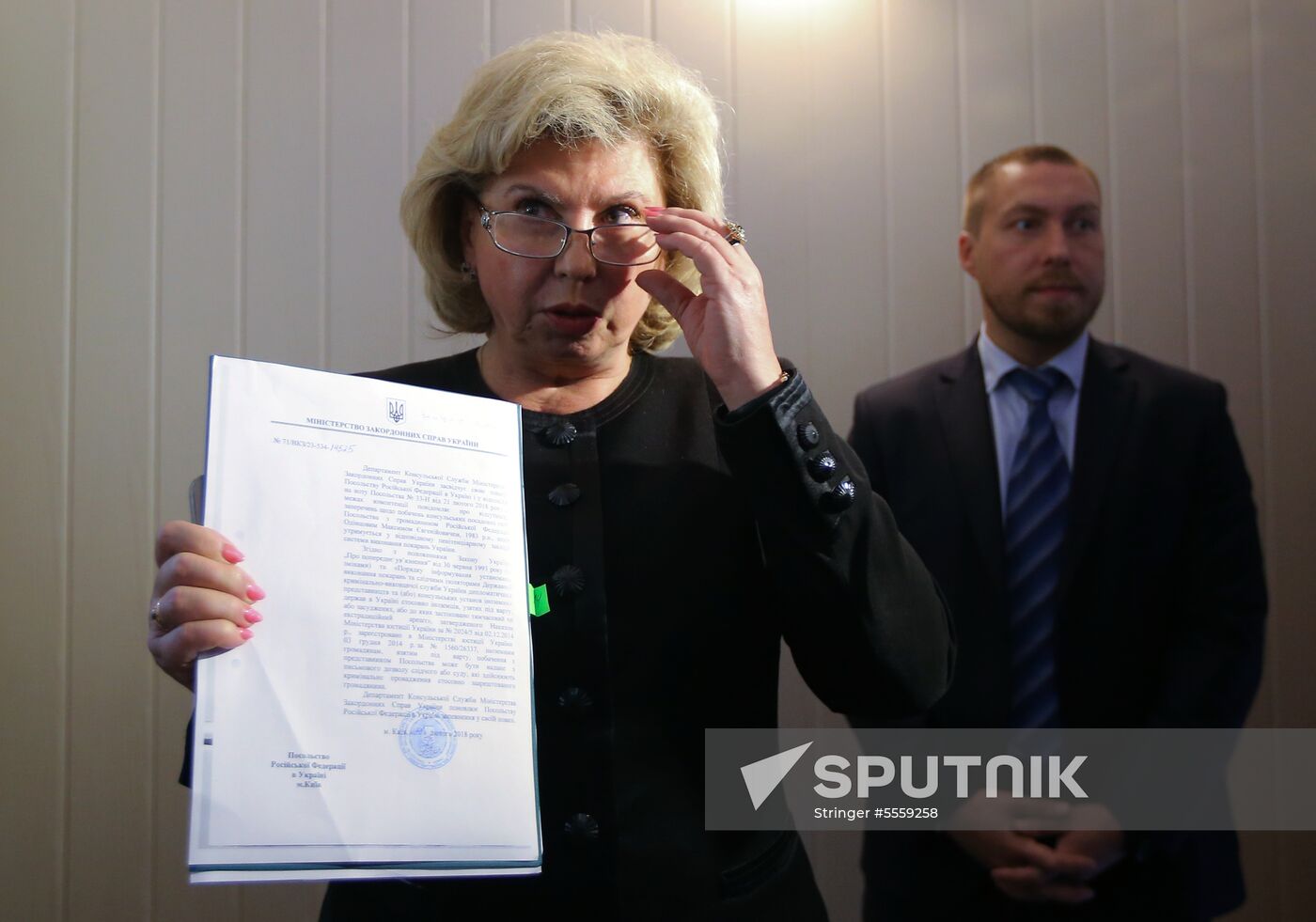 Russian Human Rights Commissioner Tatyana Moskalkova arrives at remand prison in Kiev