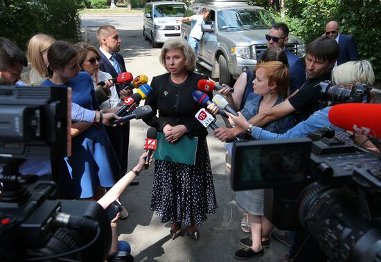 Russian Human Rights Commissioner Tatyana Moskalkova arrives at remand prison in Kiev