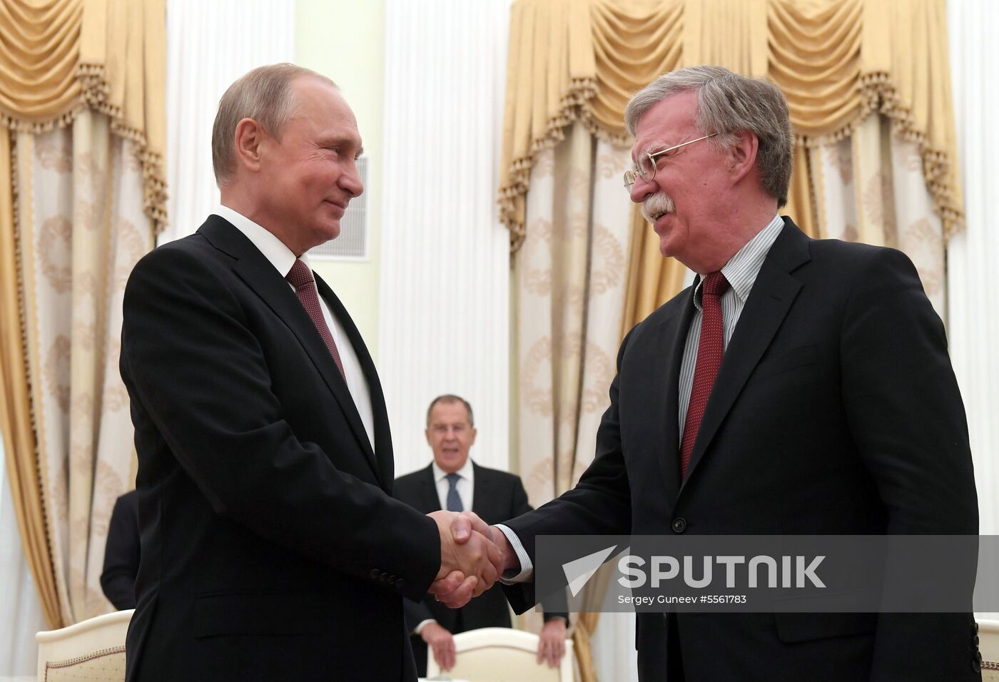 June 27, 2018. Russian President Vladimir Putin and Assistant to the US President for National Security Affairs John Bolton, right, during a meeting in the Kremlin. Location: Russia, Moscow. Author: Sergey Guneev/Sputnik. Russian President Vladimir Putin meets with US National Security Adviser John Bolton