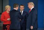 Background, from left: President of Croatia Kolinda Grabar-Kitarovic, French President Emmanuel Macron and US President Donald Trump at the NATO summit of heads of state and government at the new NATO headquarters, Brussels. Location: Belgium, Brussels. Author: Alexey Vitvitsky/Sputnik. NATO Summit in Brussels. Day one