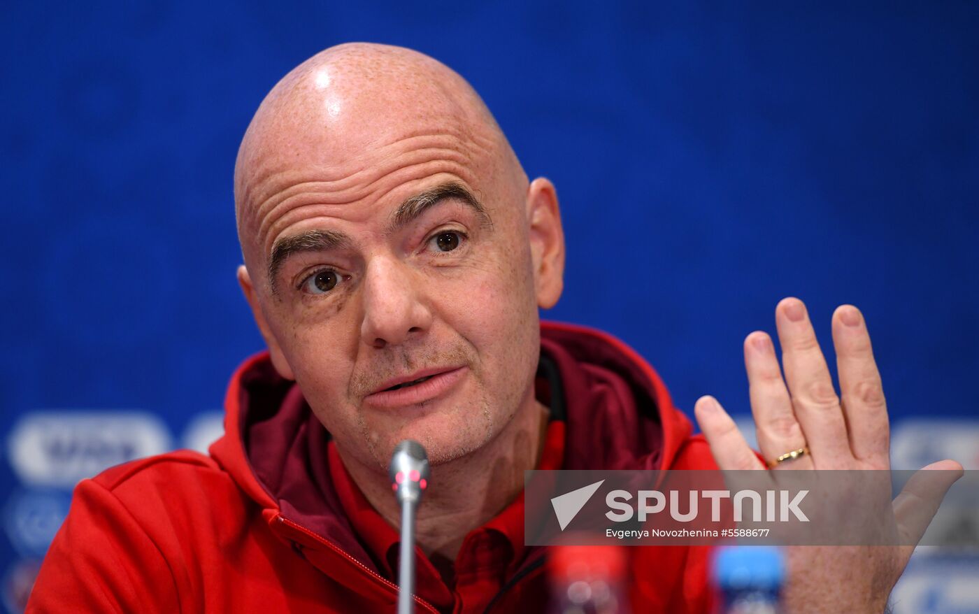 FIFA President Gianni Infantino talks to the media during a news conference at the Luzhniki stadium, in Moscow, Russia, July 13, 2018. Location: Russia, Moscow. Author: Evgenya Novozhenina/Sputnik. Russia World Cup Gianni Infantino