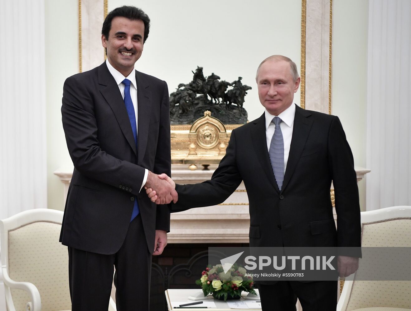 President Vladimir Putin meets with Qatari Emir Tamim bin Hamad Al Thani